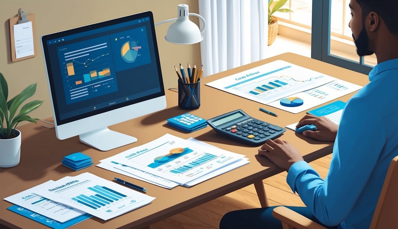 Man working at desk with computer, charts, and calculator