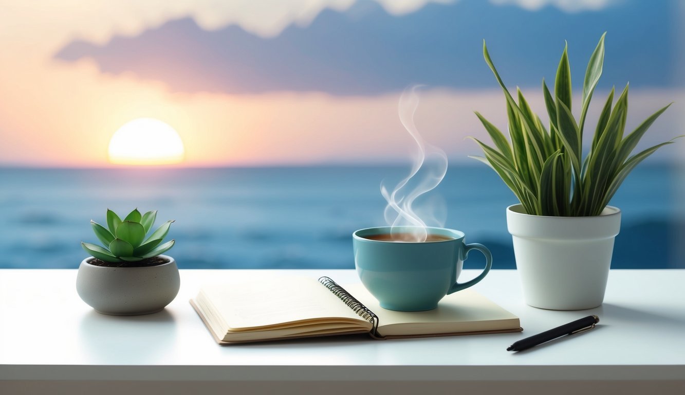 A serene morning scene with a sunrise, a cup of tea, a journal, and a potted plant on a clean, uncluttered desk