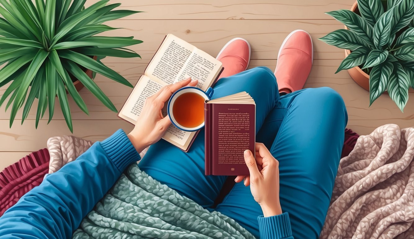 A person reading a book with a cup of tea, surrounded by plants and a cozy blanket