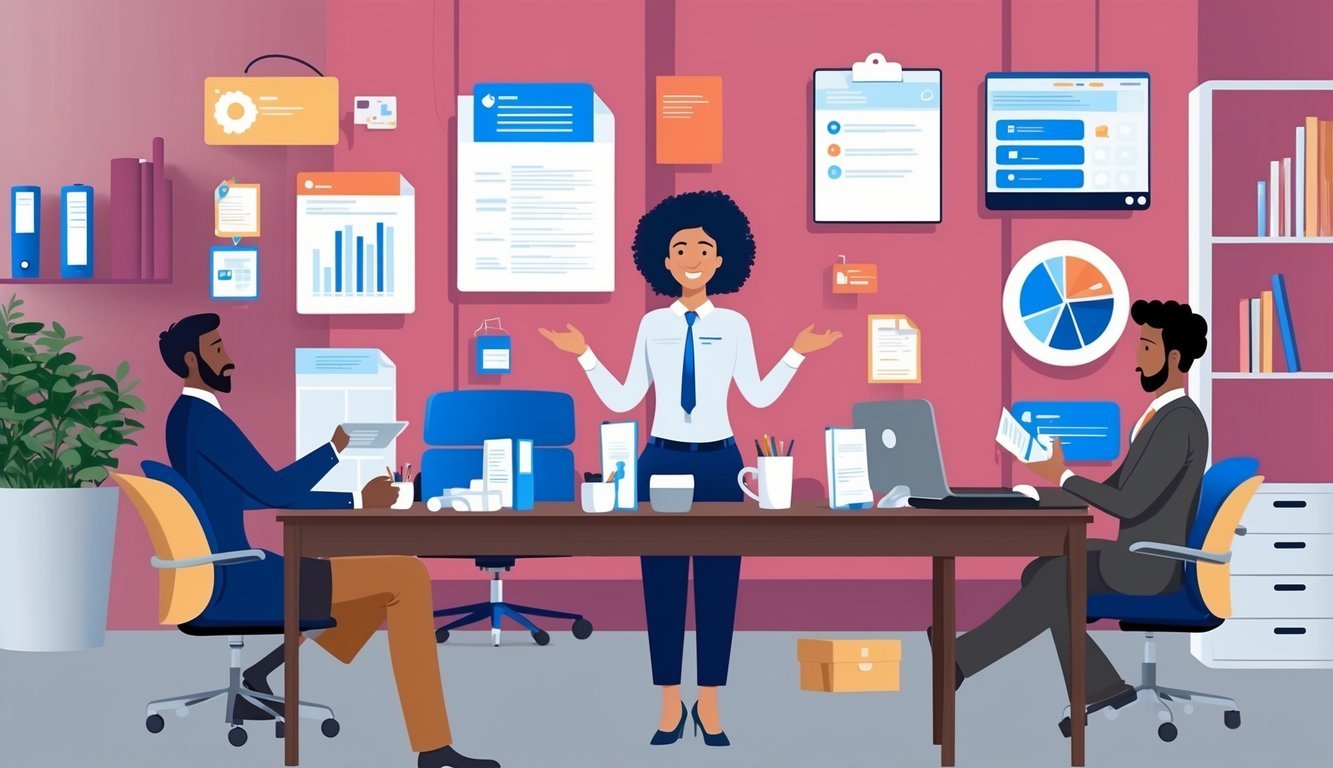 An office setting with a customer success associate assisting clients, surrounded by industry-specific materials and business development resources