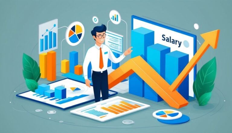 Businessman with graphs and charts, salary increasing with an upward arrow
