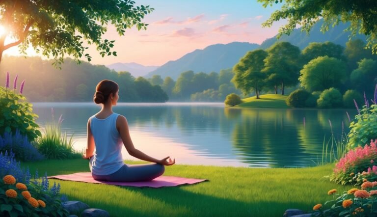 Woman meditating by a lake at sunrise, surrounded by lush greenery