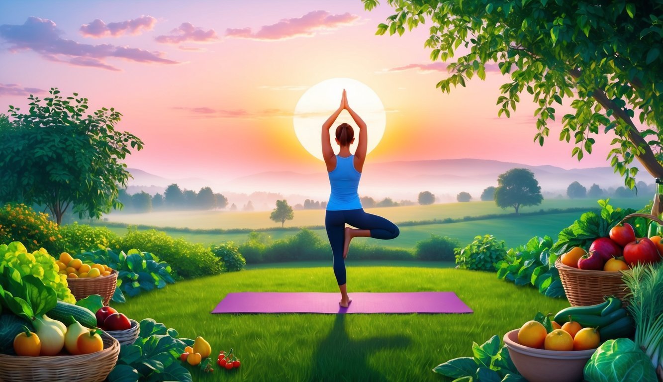 A serene morning sunrise over a peaceful countryside, with a person practicing yoga in a lush garden surrounded by fresh fruits and vegetables