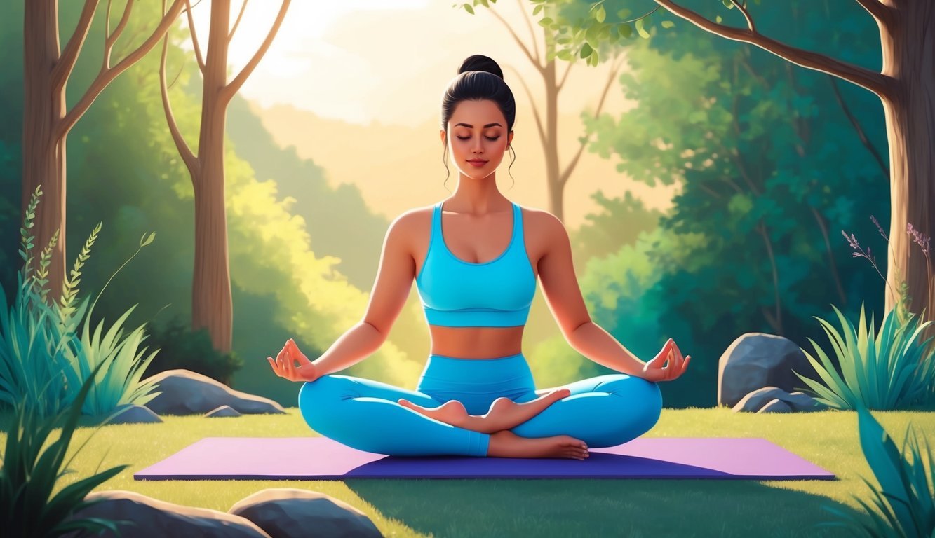 A person meditating in a peaceful outdoor setting, surrounded by nature and engaging in exercise or yoga