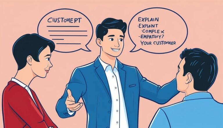 Three people in a business meeting with speech bubbles about customer service
