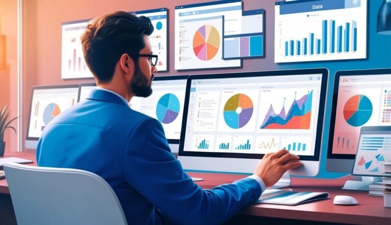 Man in blue suit analyzing data on multiple computer screens