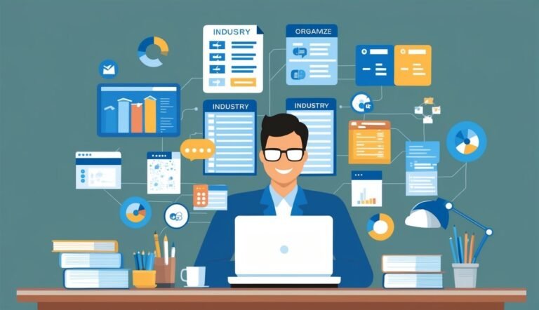 Man working on laptop surrounded by charts, graphs, and industry data