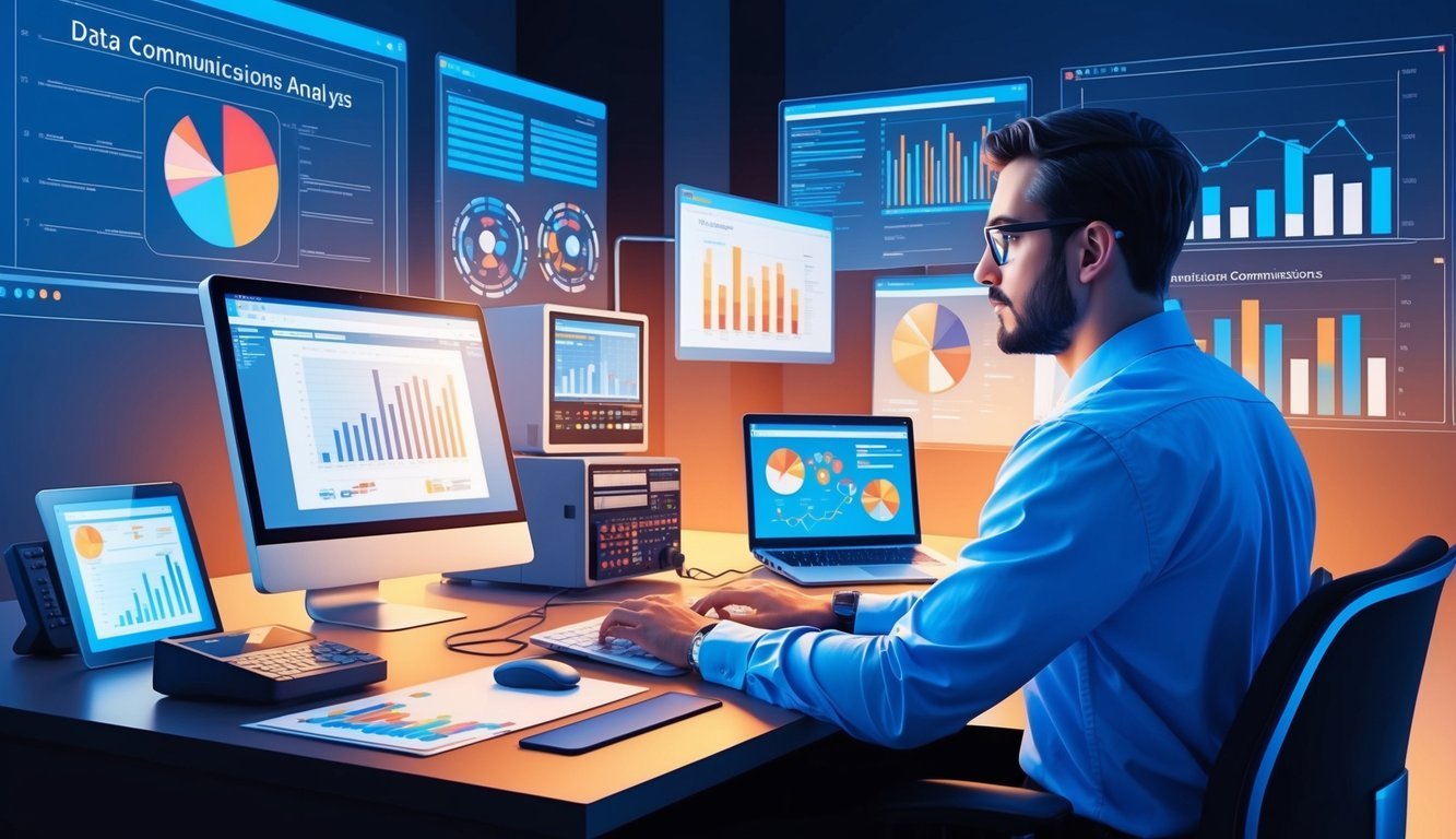 A data communications analyst working at a desk with a computer and various electronic devices, surrounded by charts and graphs