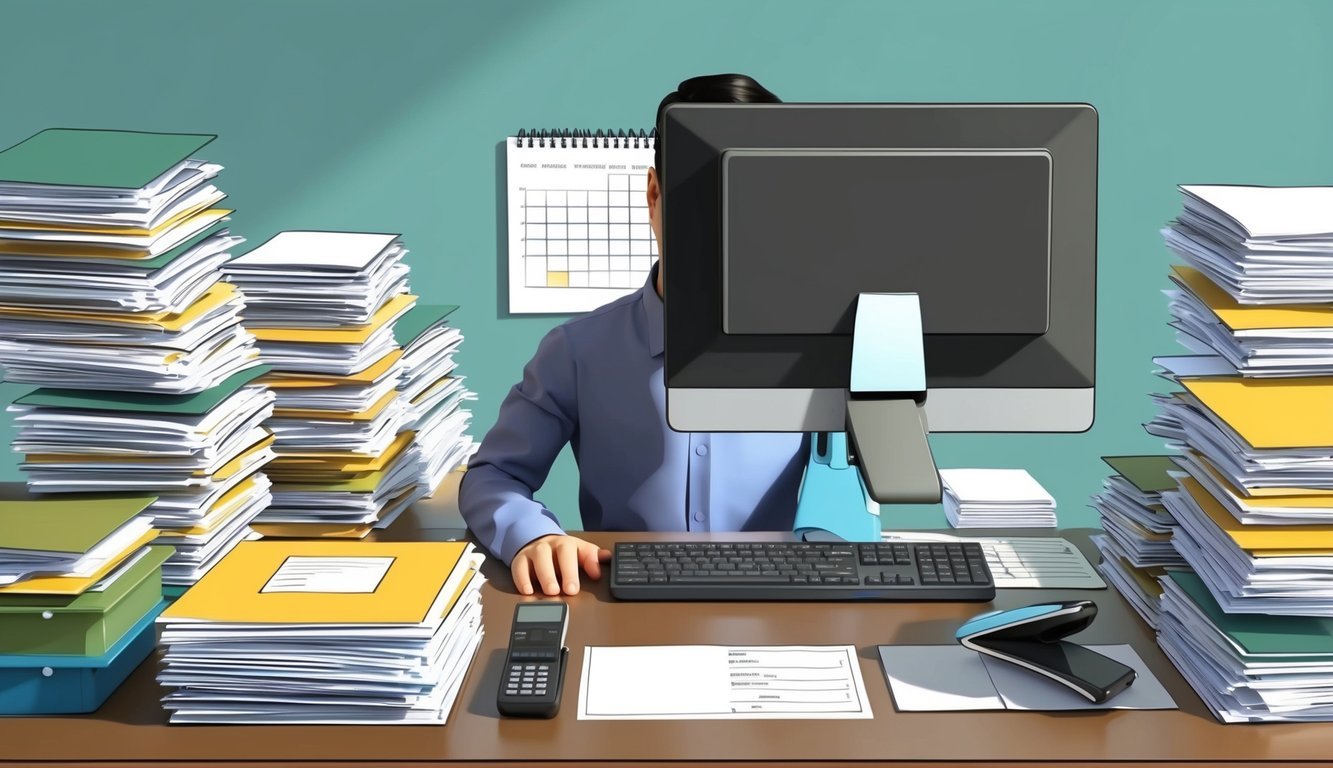 A person at a desk with a computer, surrounded by stacks of papers and files.</p><p>A phone and a calendar are on the desk