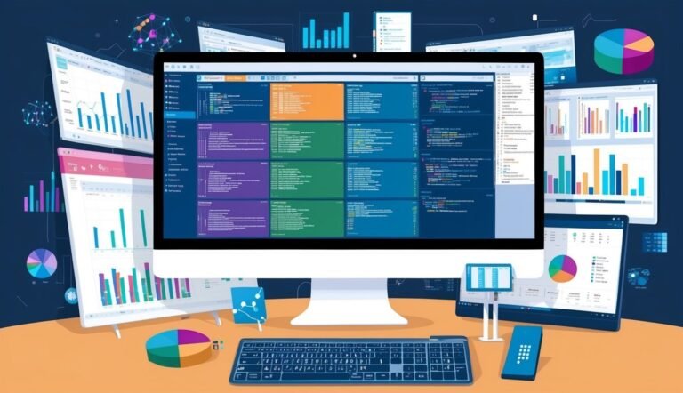 Computer screens displaying data visualizations and code, with keyboard and phone