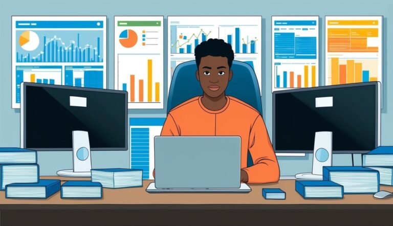 A person working at a desk with computers and data charts