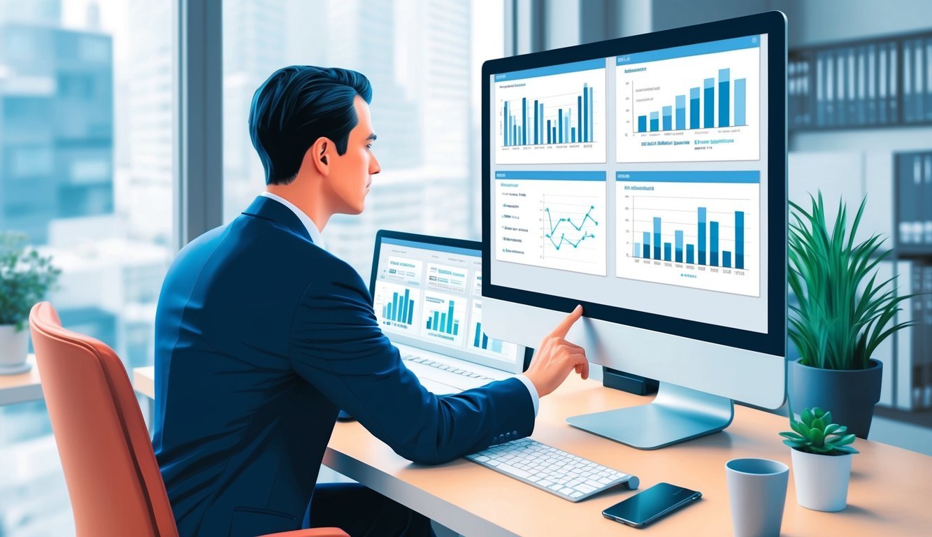 A person in a business suit analyzing data on a computer with technical charts and graphs displayed on the screen