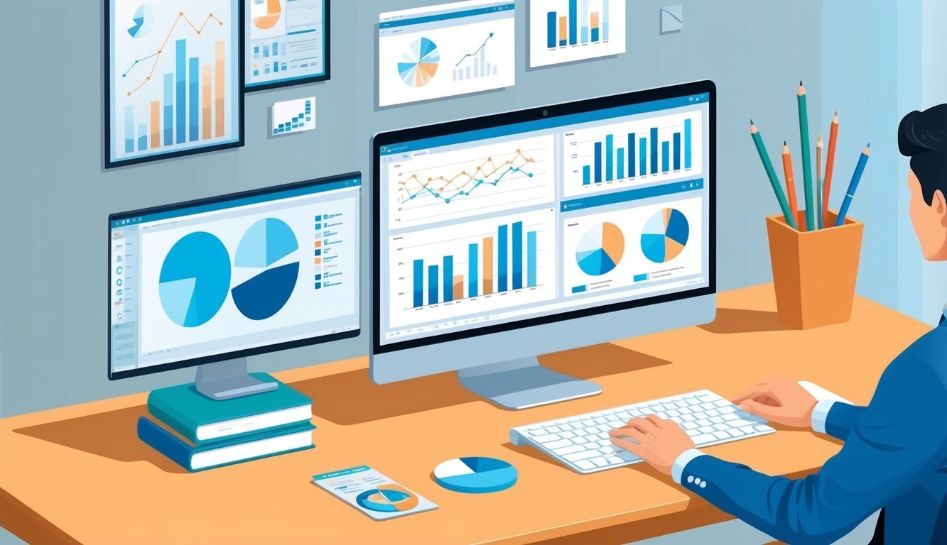 A desk with a computer, charts, and graphs.</p><p>A person working on data analysis