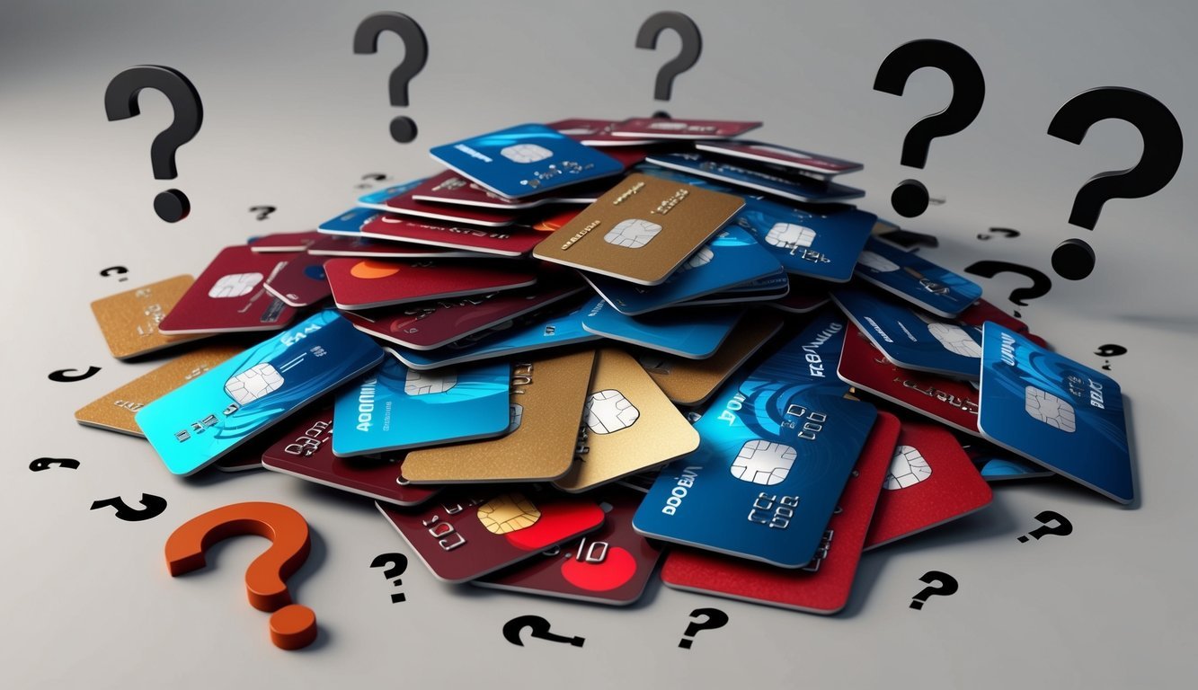 A pile of broken debit cards surrounded by question marks