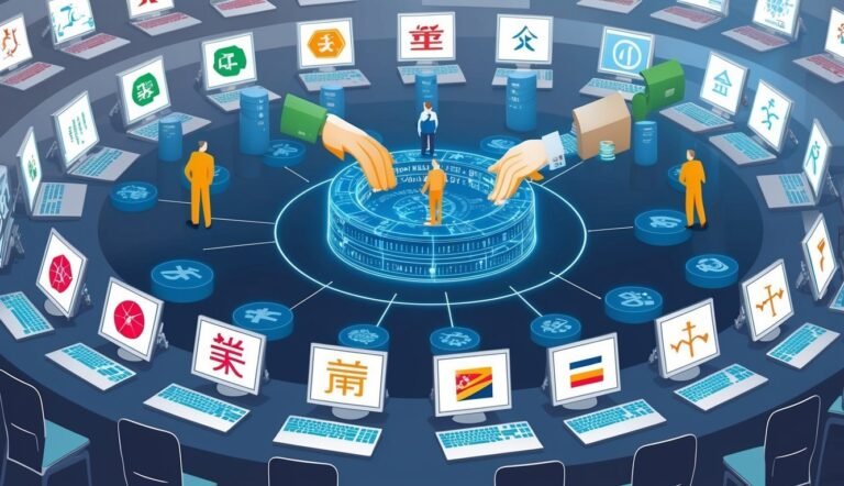 Illustration of a network with computers, people, and a central data hub