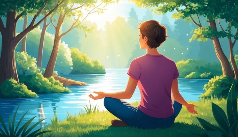 Woman meditating by a lake in a serene, sunlit forest scene