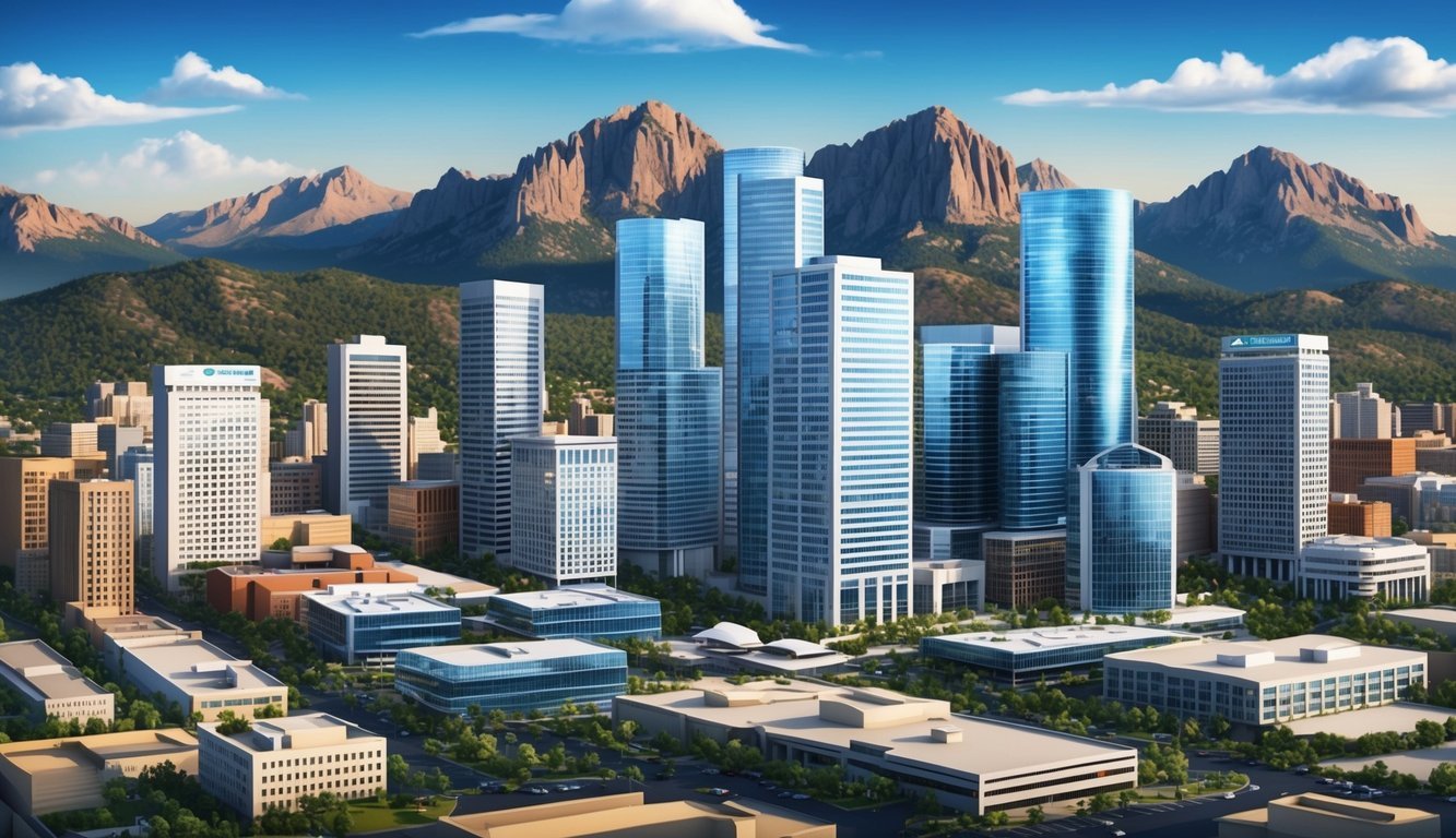 A bustling cityscape with modern skyscrapers and corporate headquarters nestled among the Rocky Mountains in the background