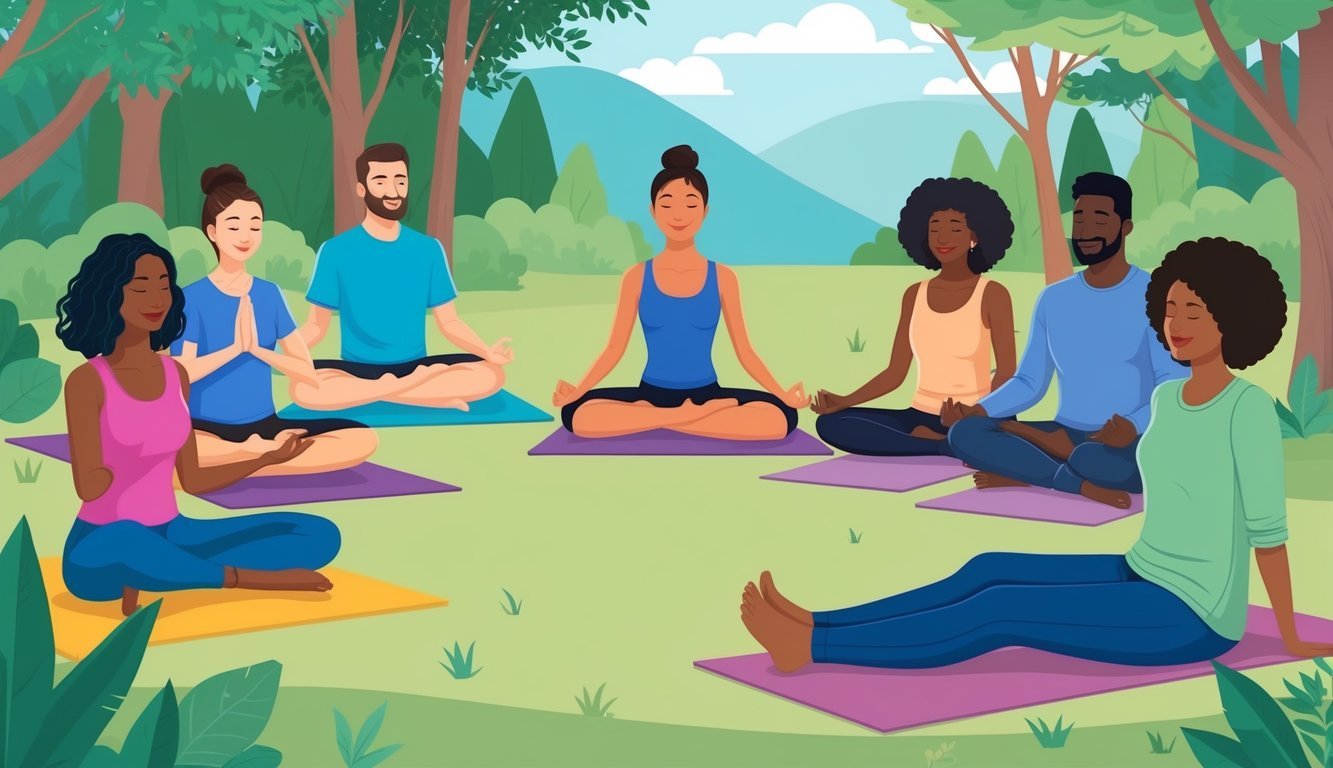 A diverse group relaxes in a peaceful outdoor setting, surrounded by nature.</p><p>They engage in calming activities like yoga, meditation, or simply enjoying each other's company