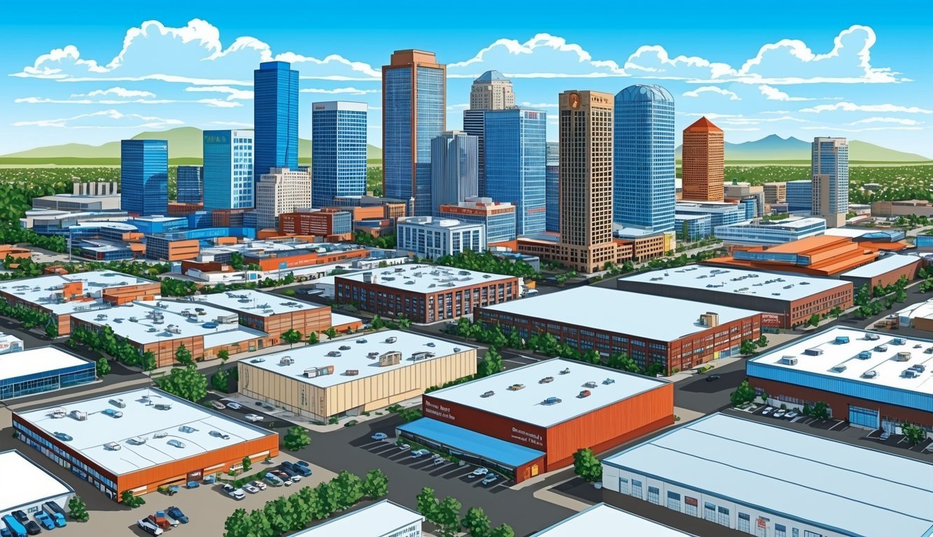 Denver's skyline with various industries and businesses contributing to the city's economic growth.</p><p>Numerous office buildings and warehouses with signs of employment and commerce