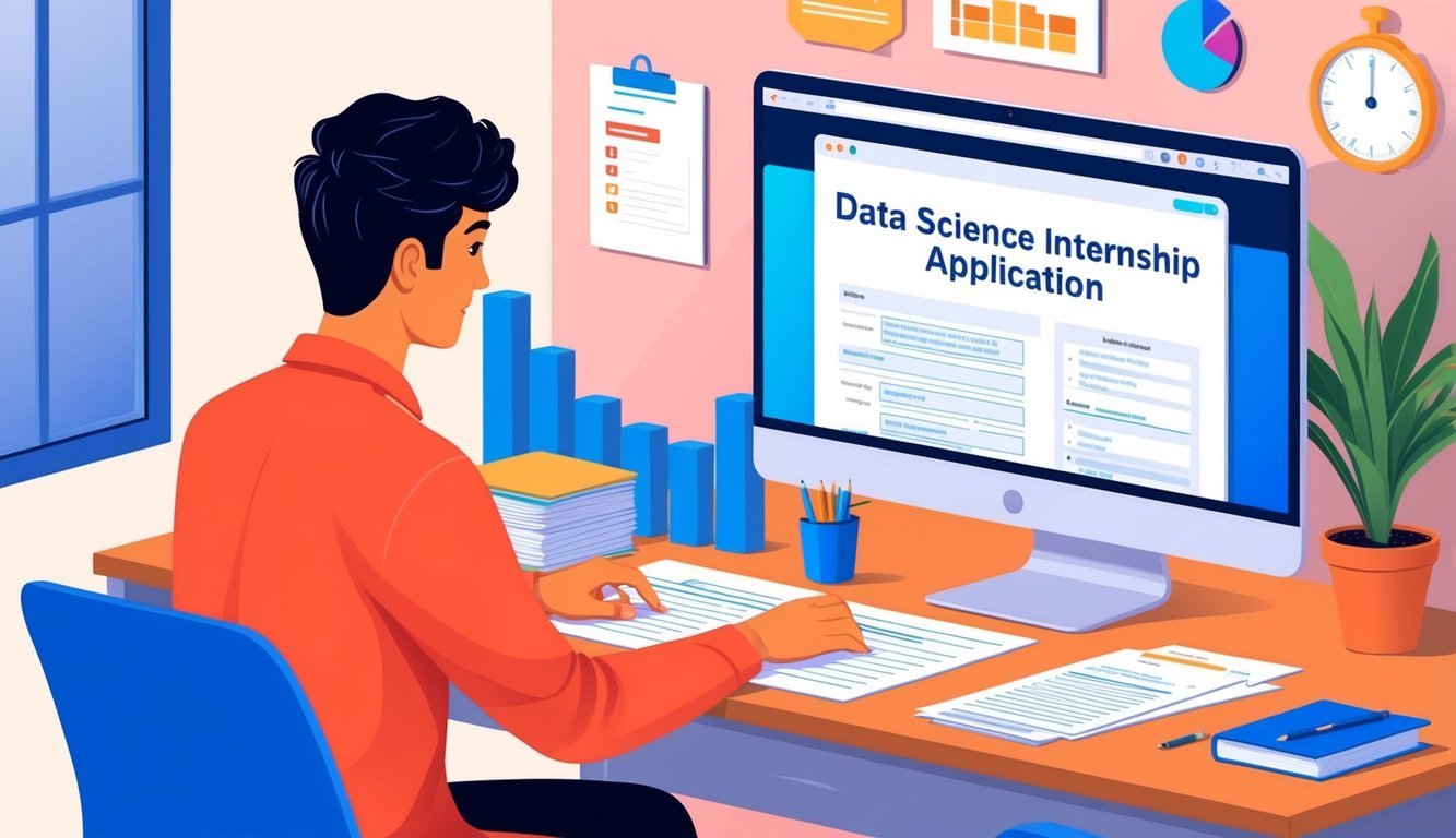 A person researching and filling out forms on a computer for a data science internship application