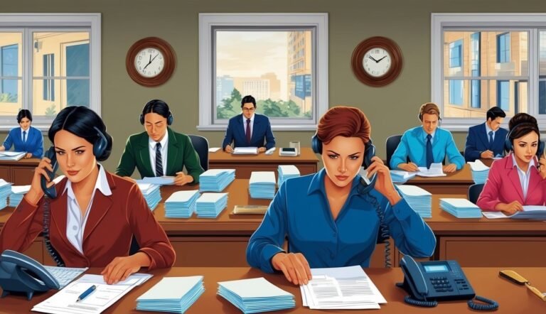 Office workers on phones, stacks of paper, and clocks on the wall