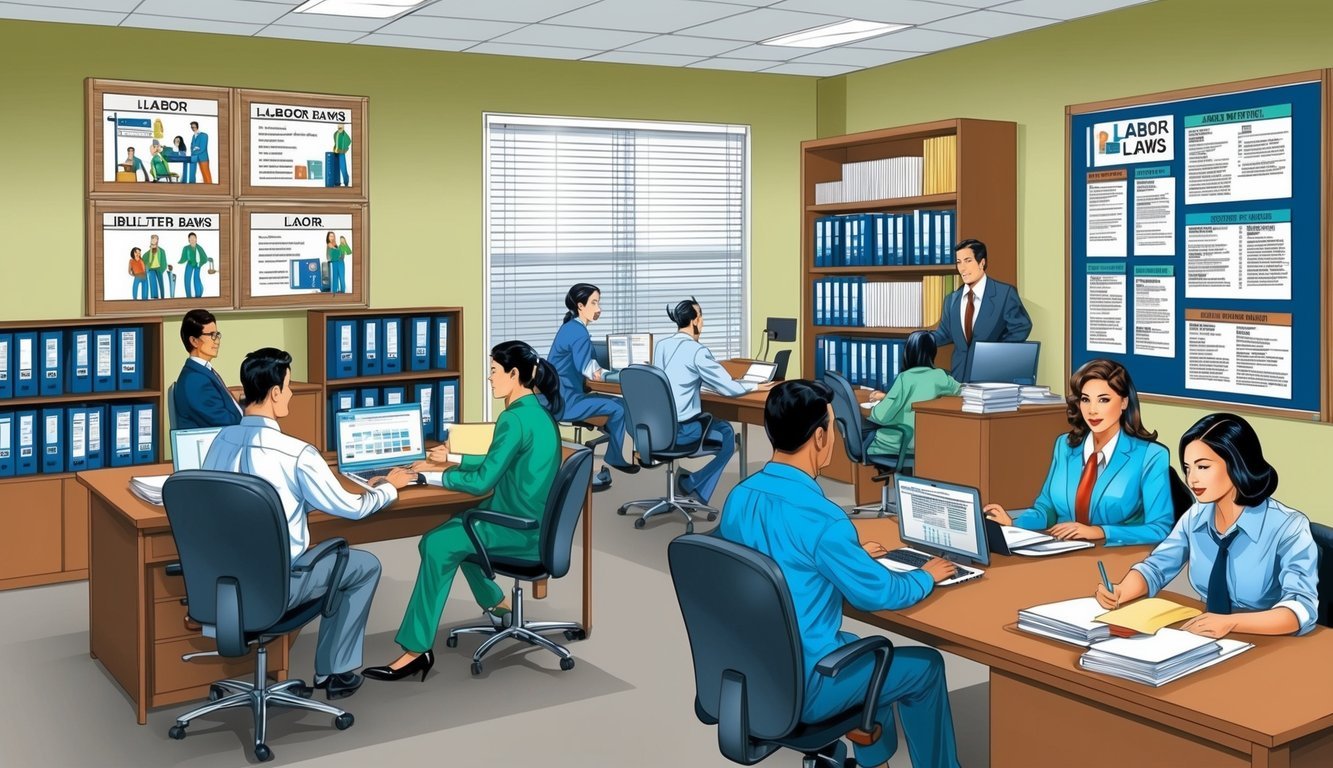 A busy office with people working at desks, shelves of files, and bulletin boards displaying labor laws and resources