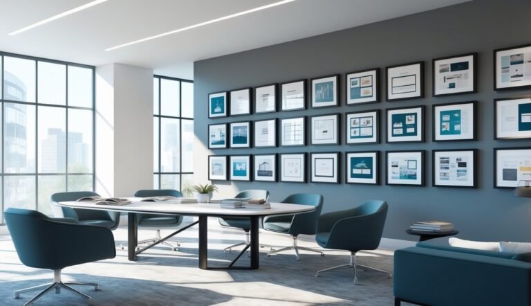 Modern office meeting room with framed art and a large window