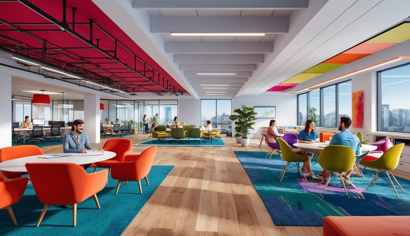 A modern office space with open floor plan, collaborative work areas, and vibrant decor