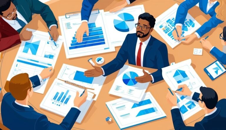 Business team reviewing charts and graphs around a table