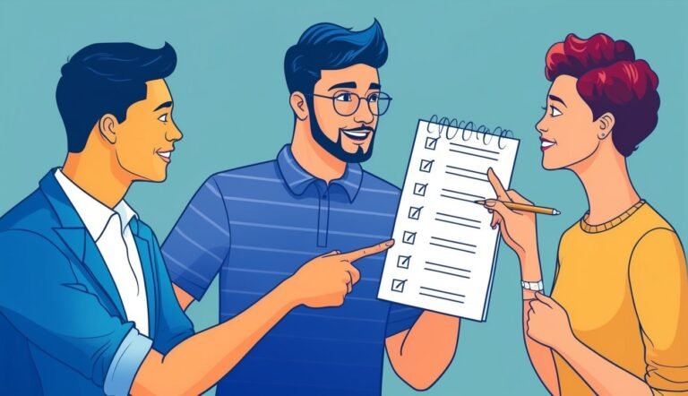 Three people reviewing a checklist, one pointing, one writing, and one smiling