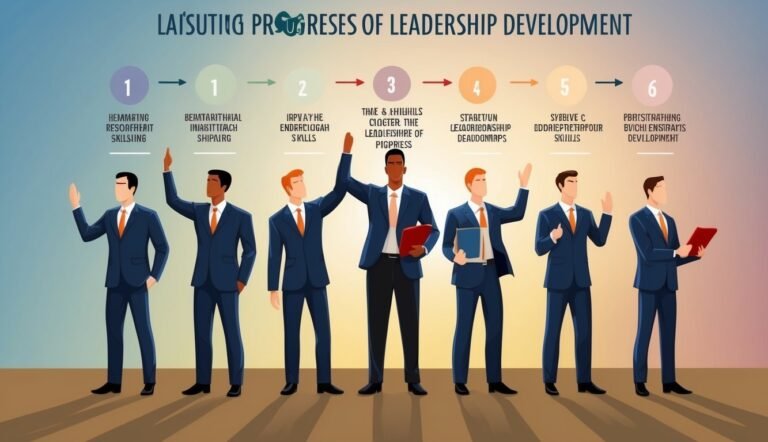 Diagram of leadership development stages with seven men in suits