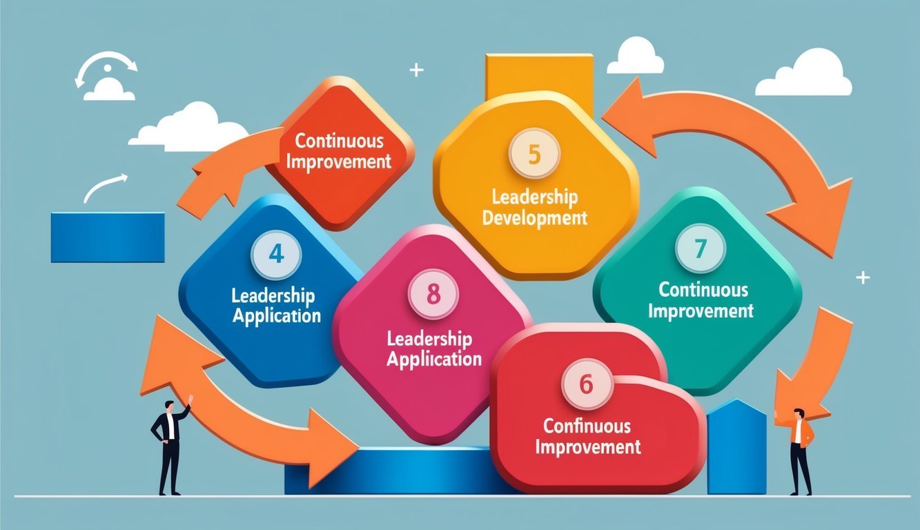 A group of abstract shapes and arrows representing the stages of leadership development application and continuous improvement