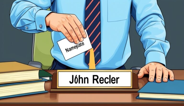 Person placing "Nameplate" card over a nameplate that reads "John Recler"