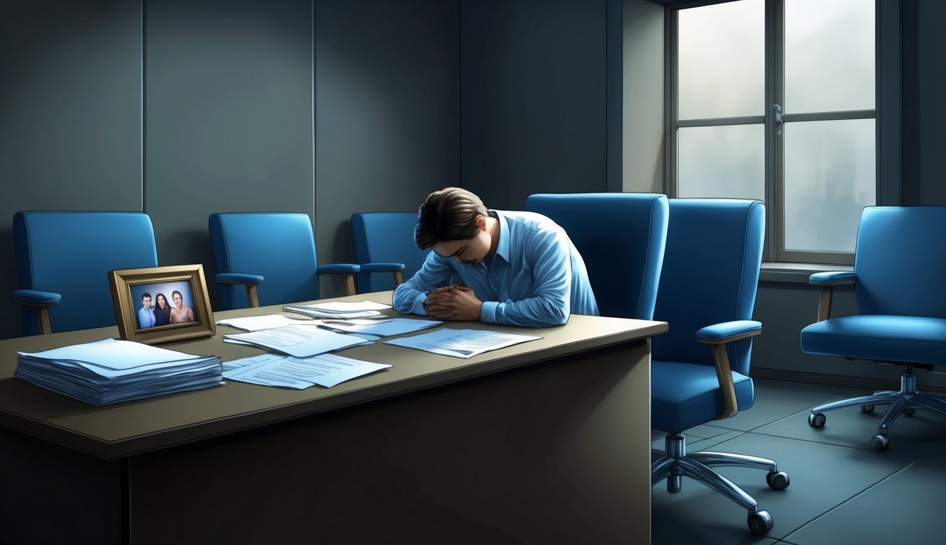 A figure sits alone in a dimly lit office, surrounded by empty chairs.</p><p>The desk is cluttered with papers and a single framed photo.</p><p>The figure's posture is slumped, head in hands