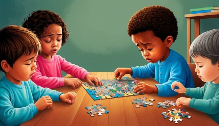 Four children intently working together to solve a colorful jigsaw puzzle