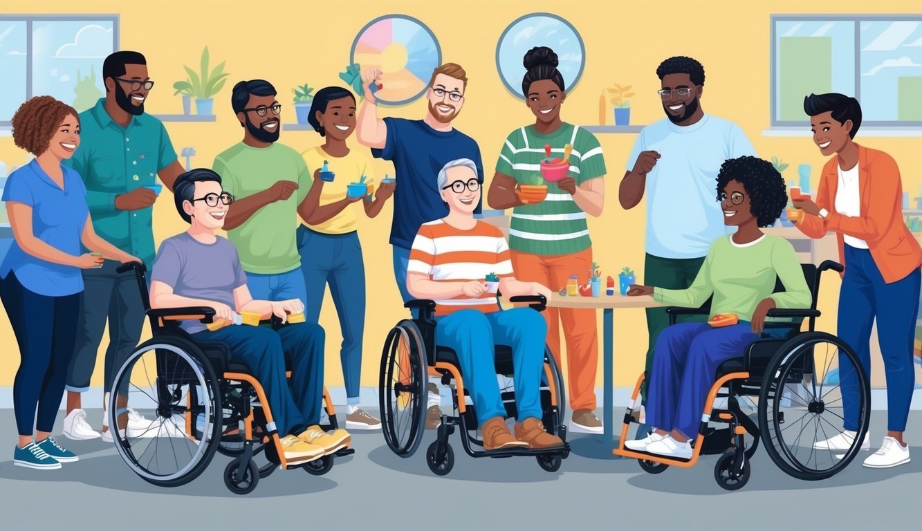 A group of diverse individuals engage in inclusive activities, demonstrating social acceptance and support for those with developmental disabilities