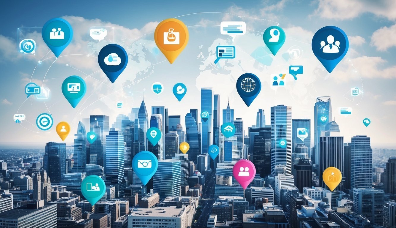 Cityscape with connected icons representing data and communication