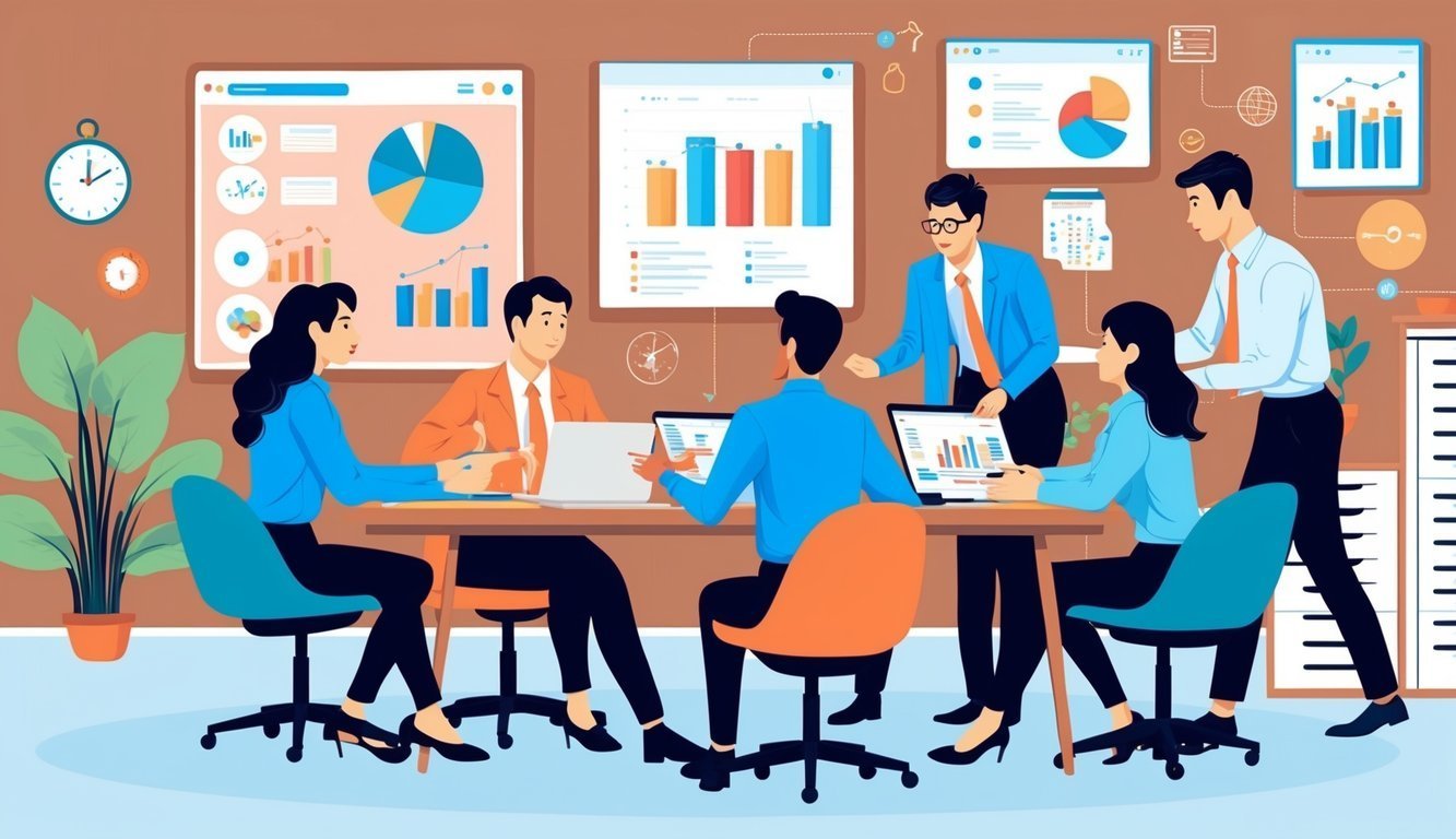 Business team meeting around a table, analyzing charts and graphs on screens