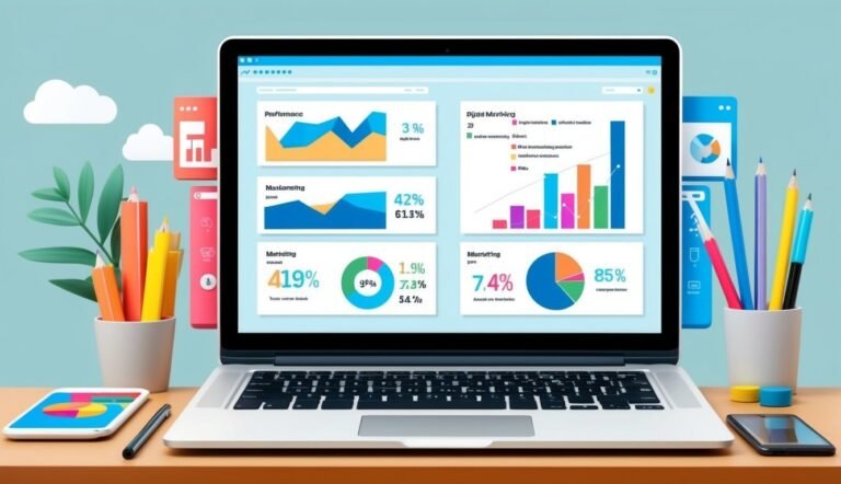 Laptop displaying business charts and graphs, surrounded by pencils and mobile devices