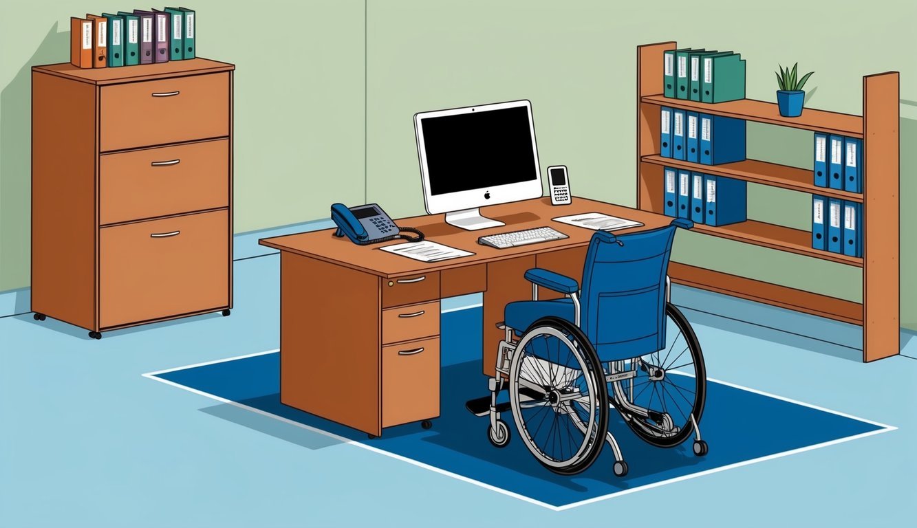 A desk with a computer, phone, and paperwork.</p><p>A filing cabinet and shelves with binders.</p><p>A wheelchair-accessible workspace