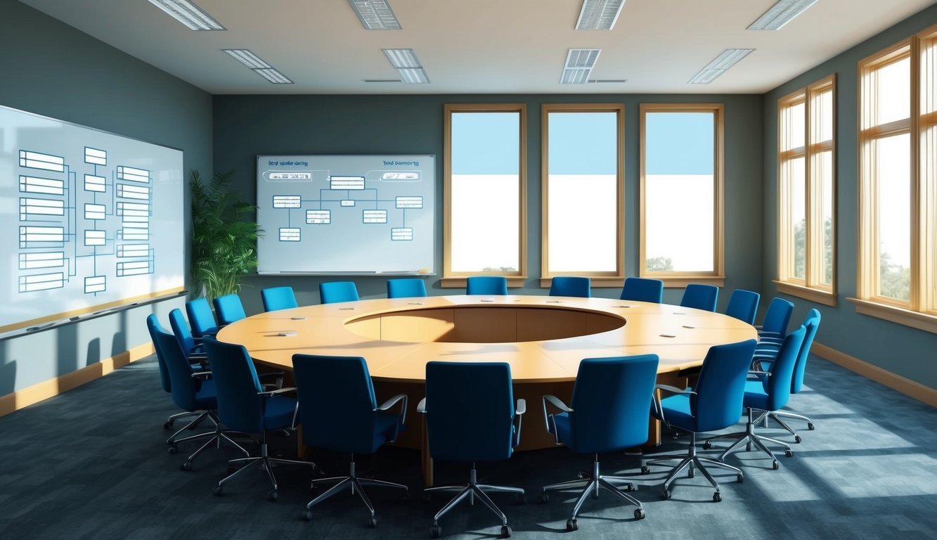 Empty conference room with a round table, blue chairs, and whiteboards