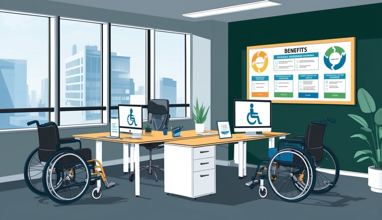 A modern office with wheelchair-accessible workstations, inclusive signage, and a benefits package displayed on a noticeboard