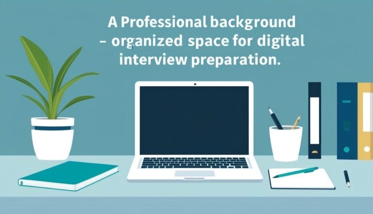 Laptop, plant, and office supplies on a desk, digital interview preparation
