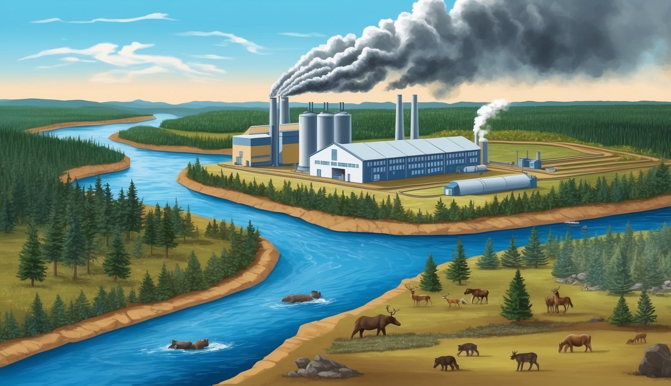 Factory emitting smoke near a river with wildlife and forest in the background