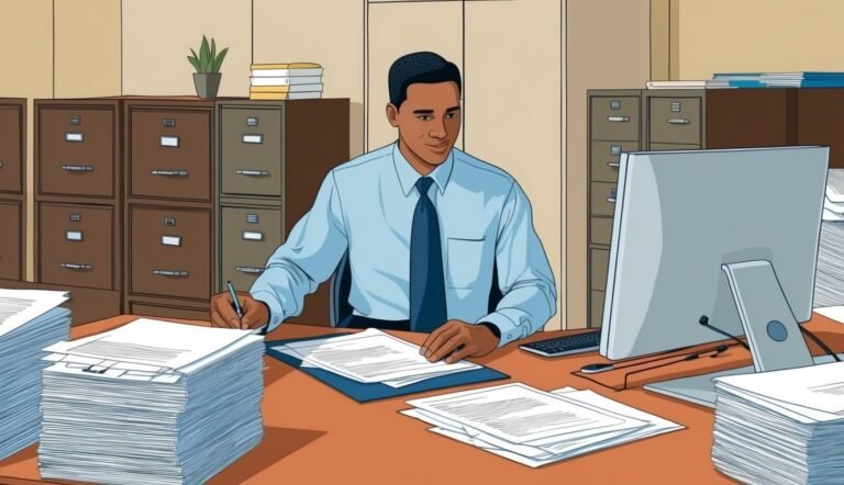 Man in office writing at desk with computer and paperwork