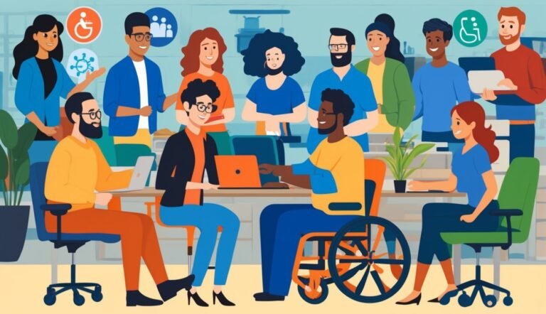 Diverse group of people working together in an office setting