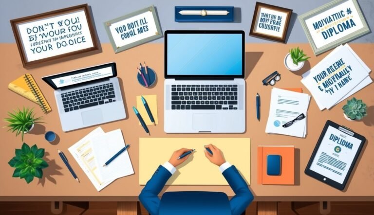 Person working at a desk with laptops, papers, and diploma-themed decorations