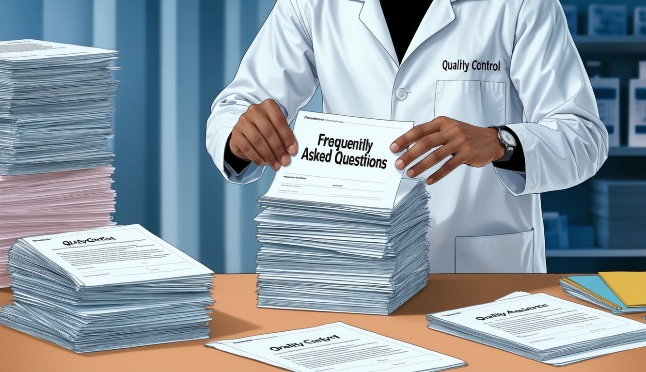 A person in a lab coat organizing a stack of papers labeled "Frequently Asked Questions" while reviewing quality control documents