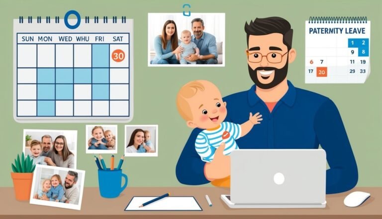 Cartoon dad holding baby, working on laptop, with calendars and family photos
