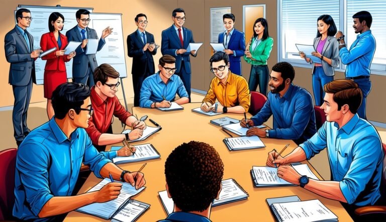 Business meeting with diverse people around a table, taking notes